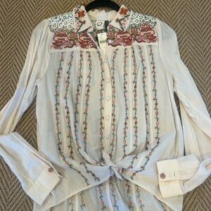 Anthropologie Floral Embroidered Button-Down Shirt